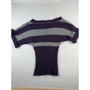 Y2K Striped Knit Sweater Purple Gray Ribbed Waist Off Shoulder Slouchy
